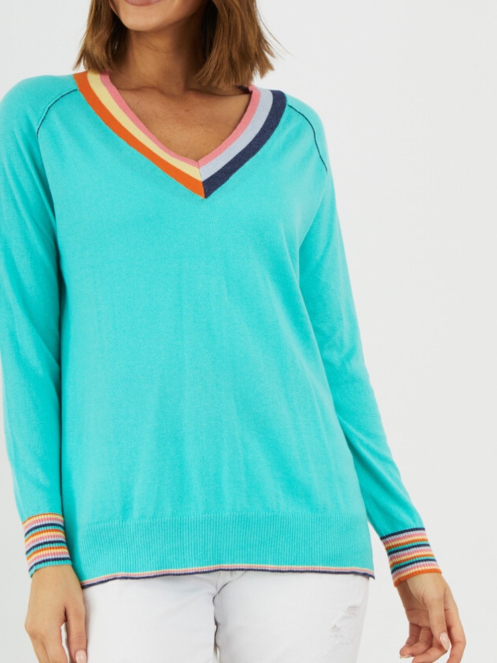 ZAKET & PLOVER cotton silk stripes Bright Aqua V-Neck Sweater size medium